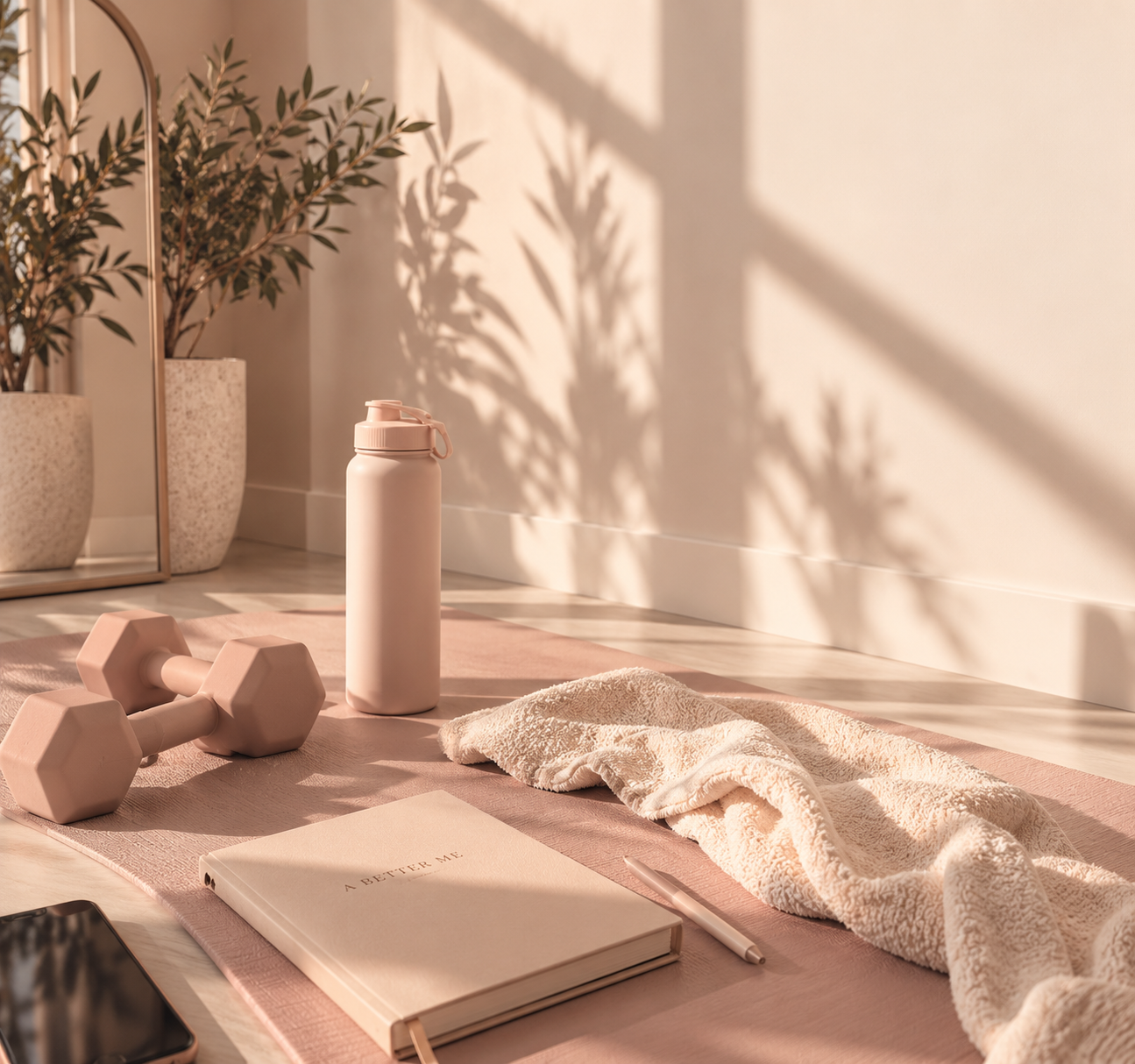 Morning wellness routine with journal, laptop and matcha